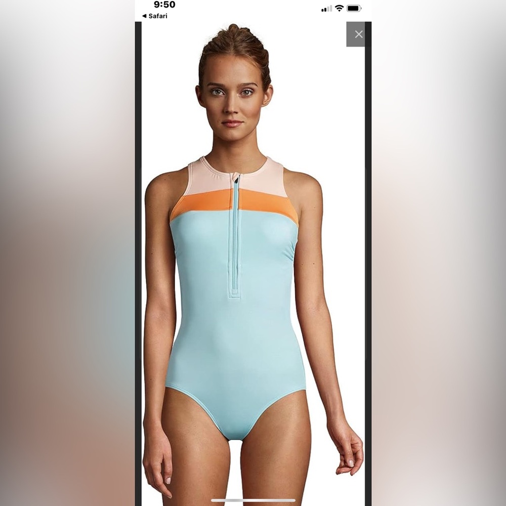 Women's Colorblock Zip Front One-Piece Swimsuit - Light Blue/Peach/Orange